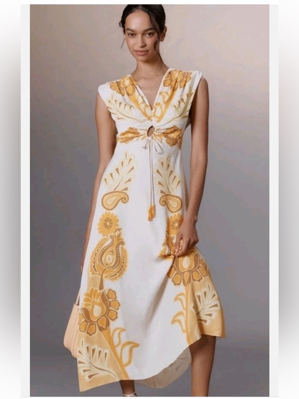 Farm Rio for Anthropologie White Maxi Dress with Yellow Paisley & Floral Print